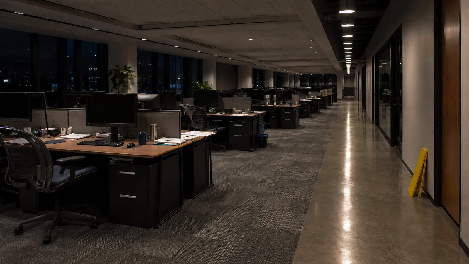 An office floor at night after cleaning: desks left exactly as they were, floors with a fresh sheen, one light on.