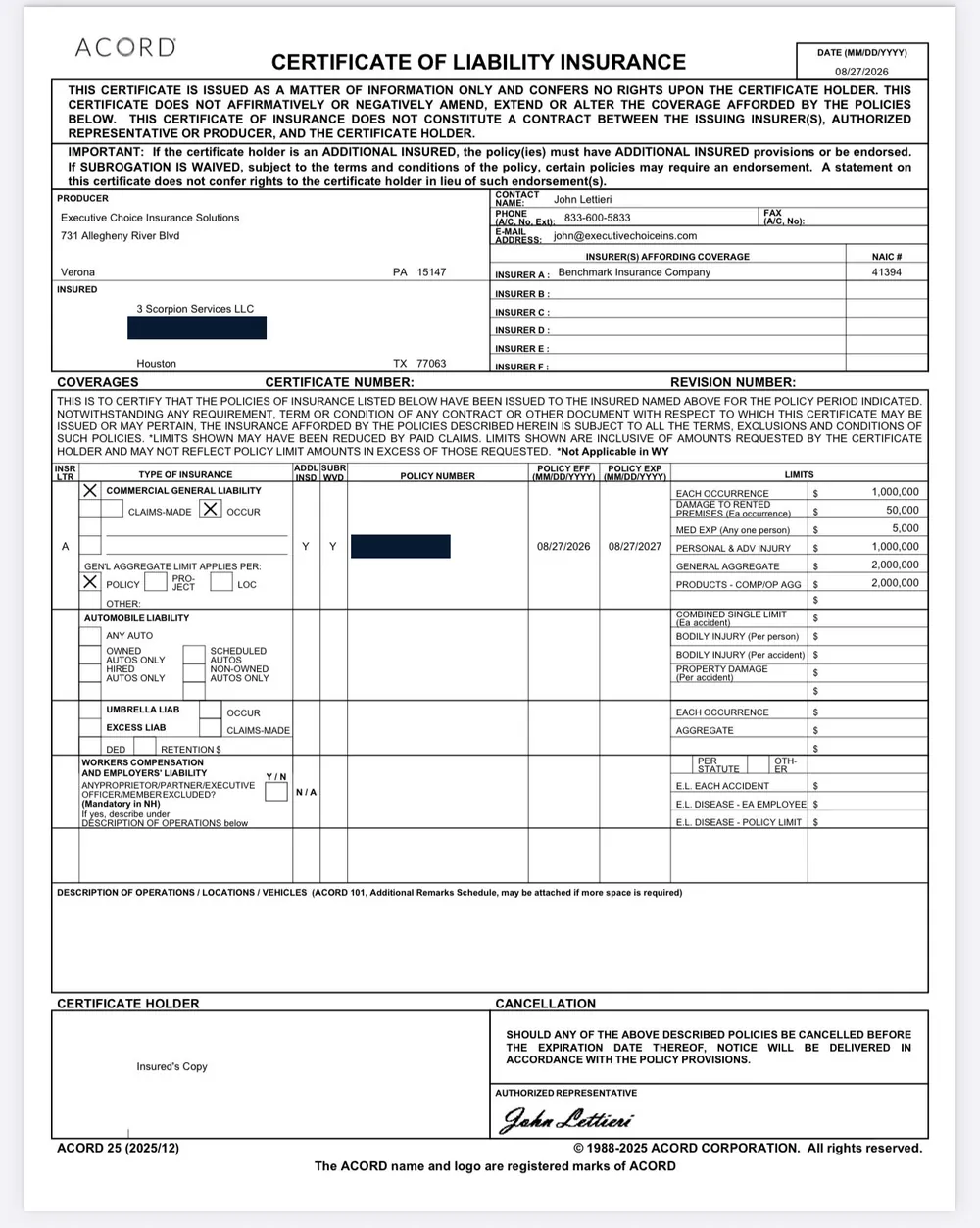 ACORD 25 certificate of liability insurance for 3 Scorpion Services LLC, issued 27 August 2026 by Benchmark Insurance Company: general liability $1,000,000 per occurrence, $2,000,000&nbsp;aggregate, products and completed operations $2,000,000. Insured address and policy number redacted.