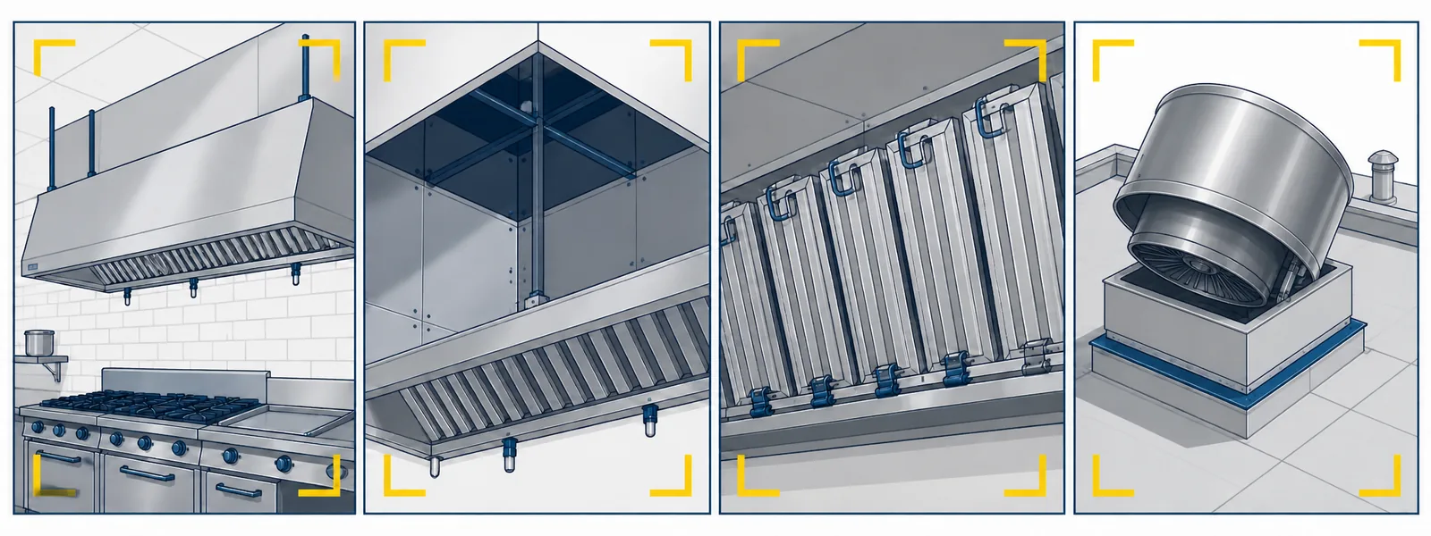 Four illustrated frames showing where to point the phone: the front of the hood, up inside above the filters, the filter bank, and the rooftop fan.